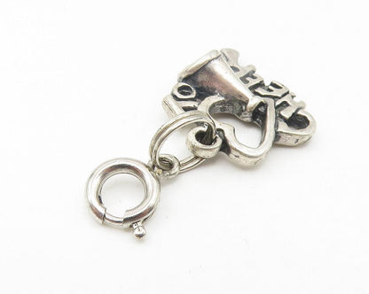 925 Sterling Silver  Vintage I Love To Cheer Megaphone Drop Pendant  PT8930