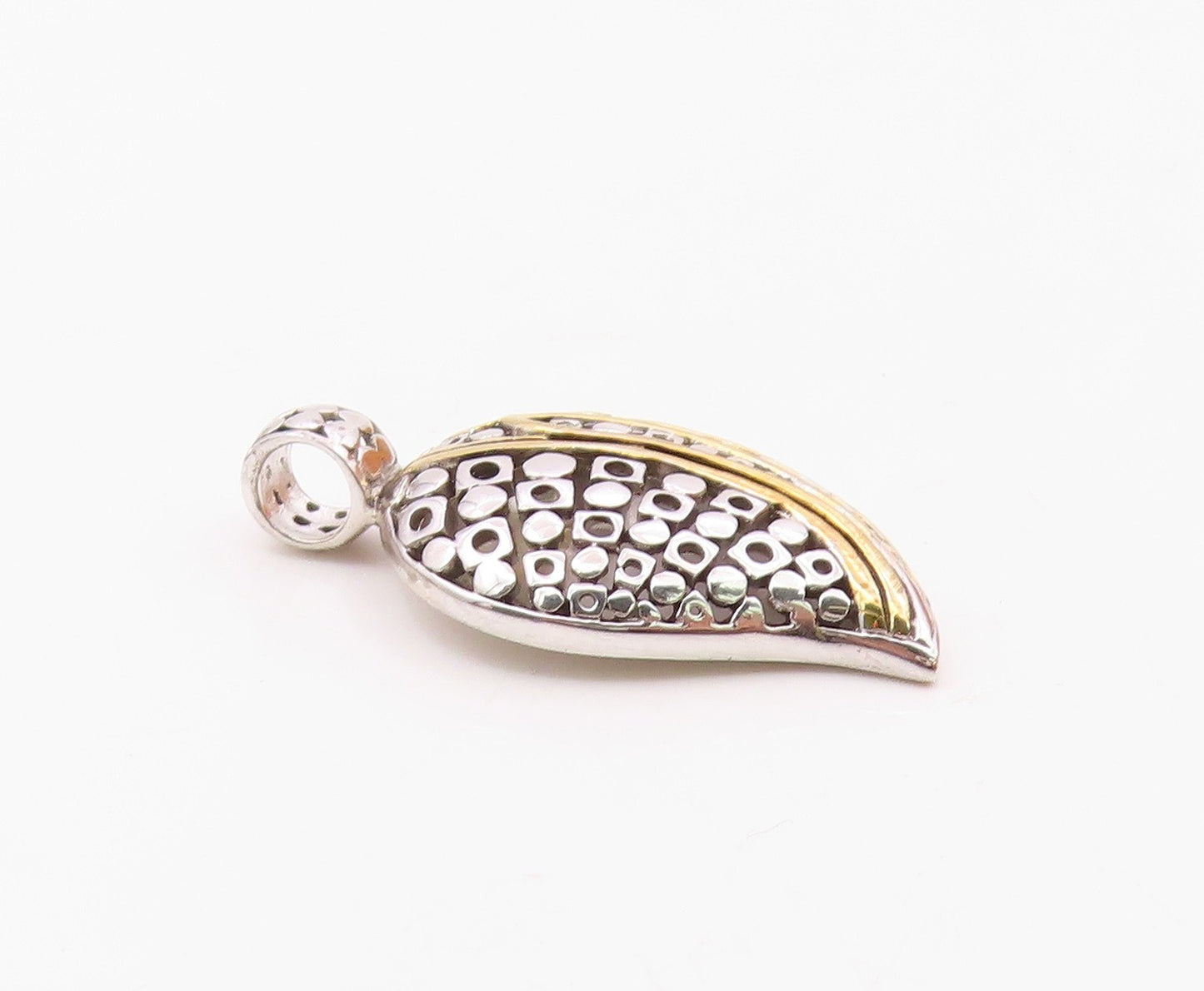 925 Sterling Silver  Shiny Two Tone Swirl Detail Floral Leaf Pendant  PT8502