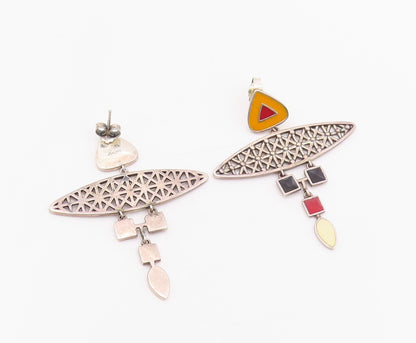 925 Sterling Silver Vintage Earrings Enameled Geometric Design Cut  EG13659