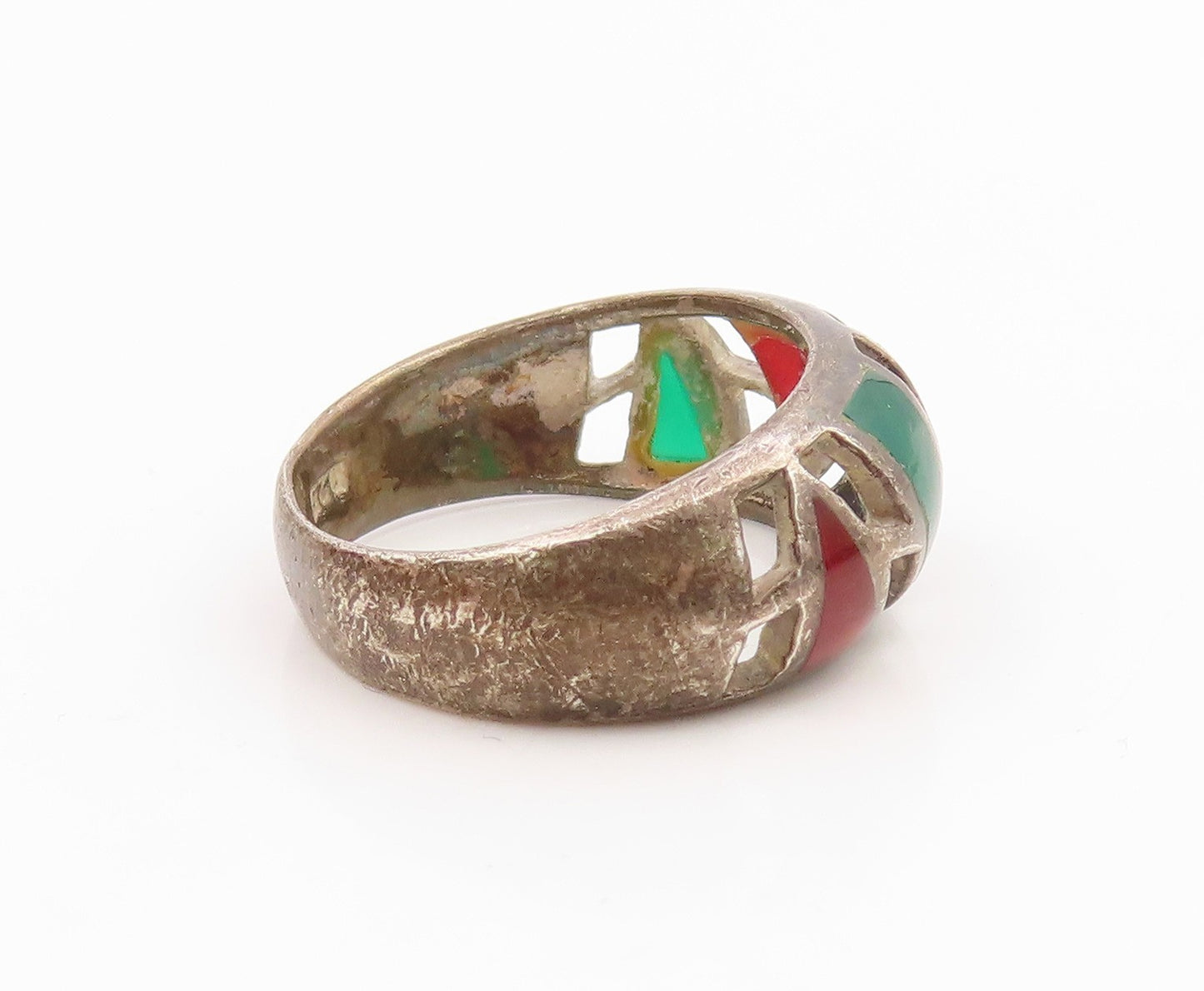 925 Sterling Silver Vintage Ring Multi Gemstone Geometric Cutout  Sz 10  RG35852