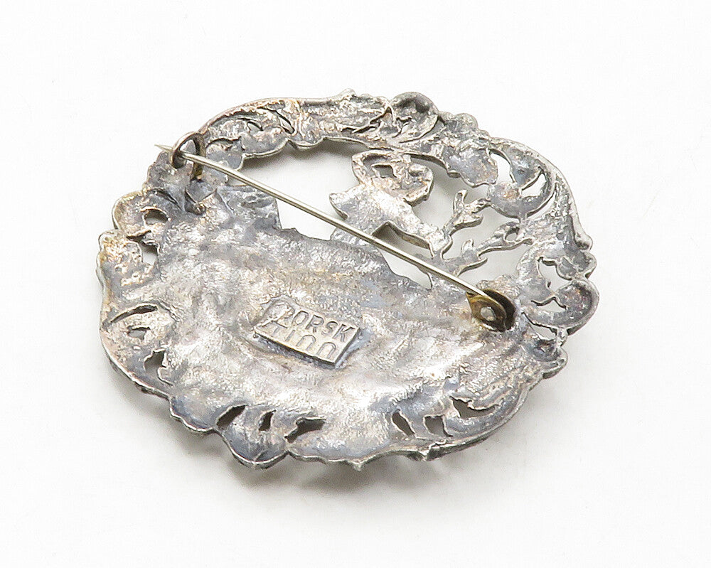 NORSK TINN 925 Silver  Vintage Dark Tone Man Riding Reindeer Brooch Pin BP5016
