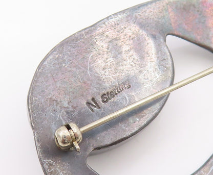 925 Sterling Silver Vintage Brooch Oval Hematite Modernist Geometric Pin BP12145