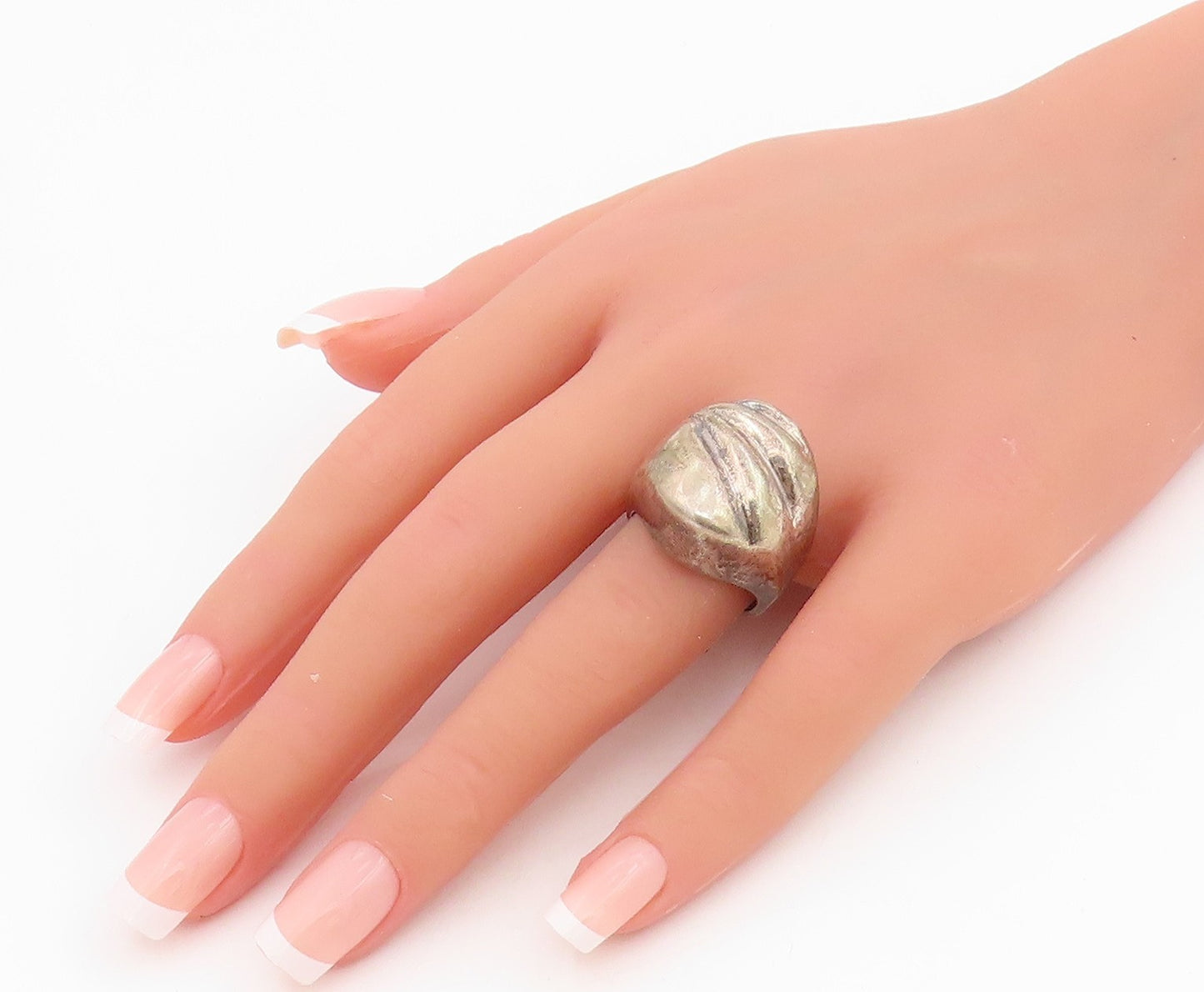 925 Sterling Silver Vintage Ring Modernist Carved Chunky Band  Sz 8.5  RG34193