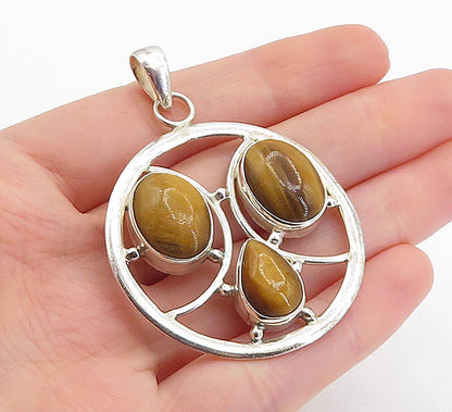 925 Sterling Silver  Vintage Cabochon Cut Tiger's Eye Shiny Pendant  PT4281
