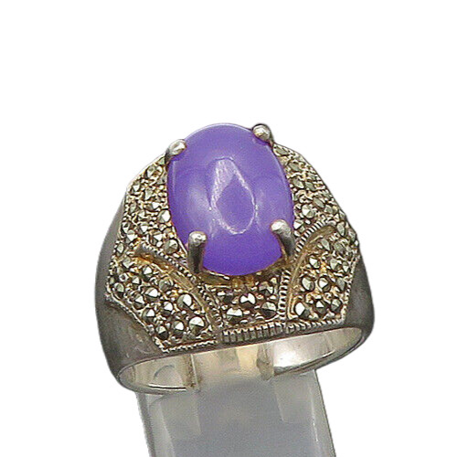 925 Silver  Vintage Chalcedony & Marcasite Shiny Cocktail Ring Sz 10  RG21609