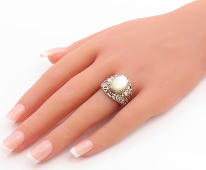 925 Sterling Silver Vintage Ring SUARTI BALI Mother Of Pearl Band  Sz 8  RG35569