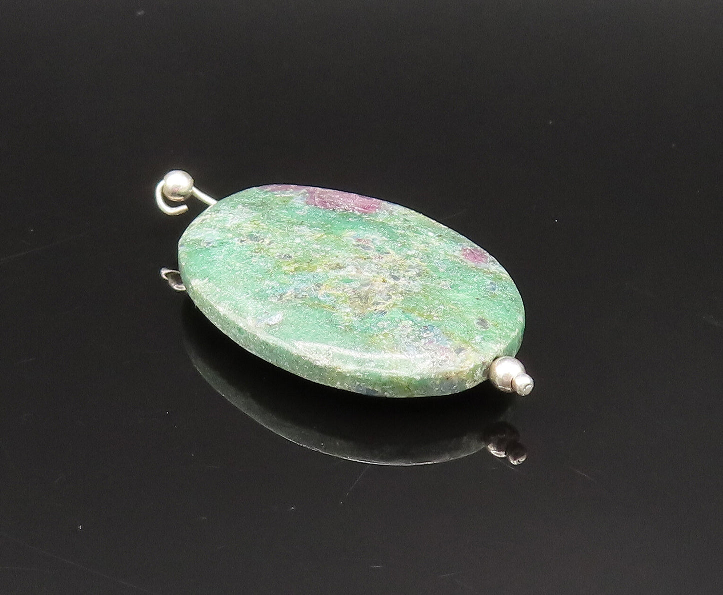 925 Sterling Silver  Vintage Beaded Oval Green Jasper Pendant  PT21011