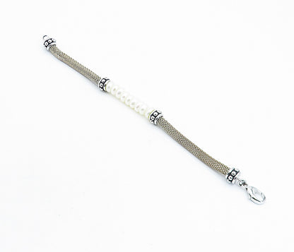 925 Sterling Silver   Vintage Button Pearls Beaded Mesh Chain Bracelet  BT3225