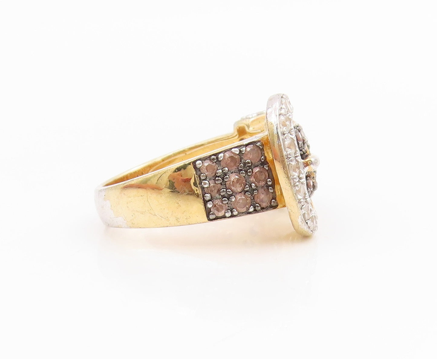 925 Sterling Silver Vintage Ring Gold Plated CZ Belt Buckle Design Sz 6 RG34650