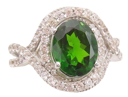 925 Sterling Silver Vintage Ring Designer Oval Green White CZ   Sz 7  RG29641