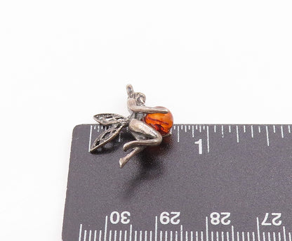 925 Sterling Silver Vintage Pendant Amber Guardian Fairy Angel Charm  PT24860
