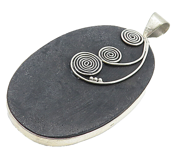 925 Sterling Silver  Vintage Obsidian Spiral Swirl Detail Oval Pendant  PT5778