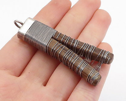 925 Sterling Silver  Vintage Modernist Wire Wrapped Wooden Pendant  PT4395