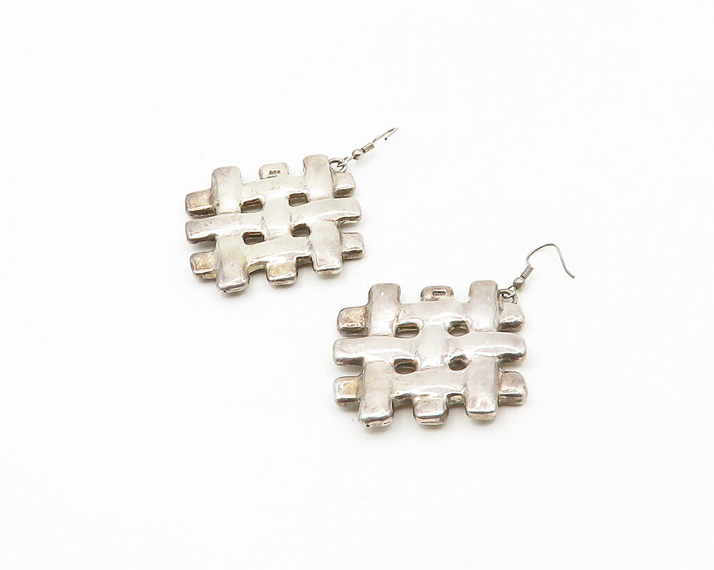 925 Sterling Silver  Vintage Shiny Woven Design Square Dangle Earrings  EG9451