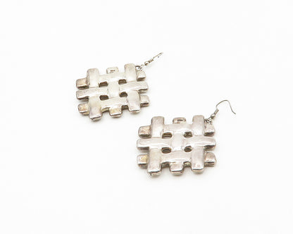 925 Sterling Silver  Vintage Shiny Woven Design Square Dangle Earrings  EG9451