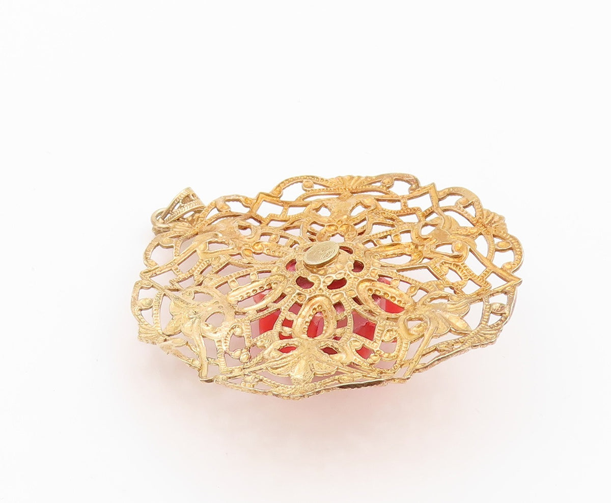 925 Sterling Silver Vintage Pendant Gold Plated Gemstone Rose Floral Cut PT24248