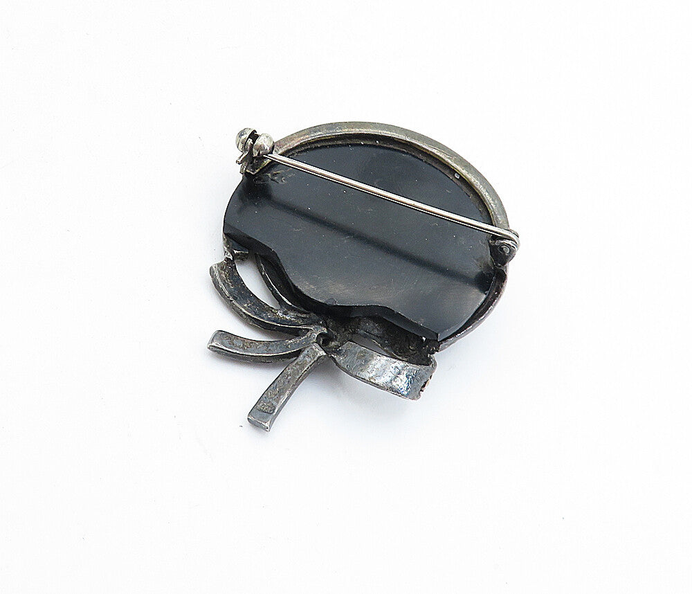 925 Sterling Silver  Vintage Black Onyx & Garnet Ribbon Brooch Pin  BP2340