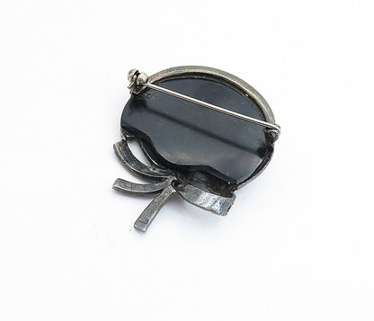 925 Sterling Silver  Vintage Black Onyx & Garnet Ribbon Brooch Pin  BP2340