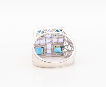 925 Sterling Silver Vintage Ring Square Cut Purple & Blue CZ  Sz 7.5  RG29952