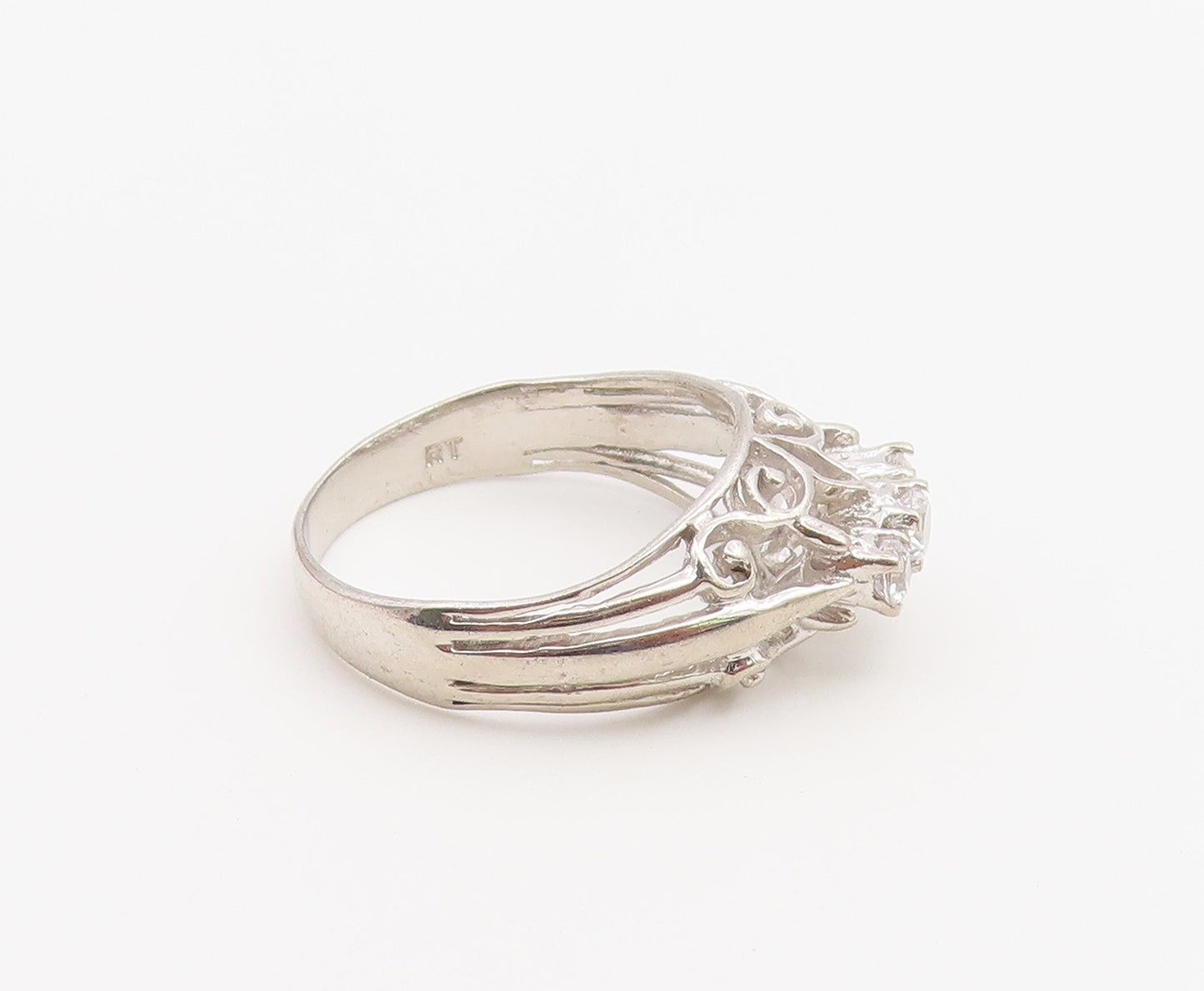 925 Sterling Silver Vintage Ring Three Stone CZ Openwork Band  Sz 6  RG36872