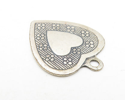 925 Sterling Silver  Vintage Dark Tone Floral Etched Love Heart Pendant PT8971