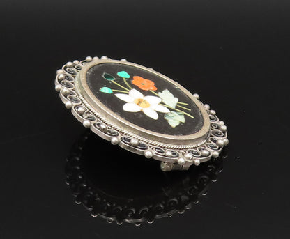 925 Sterling Silver  Vintage Spiral Twist Edge Floral Mosaic Brooch Pin BP9693