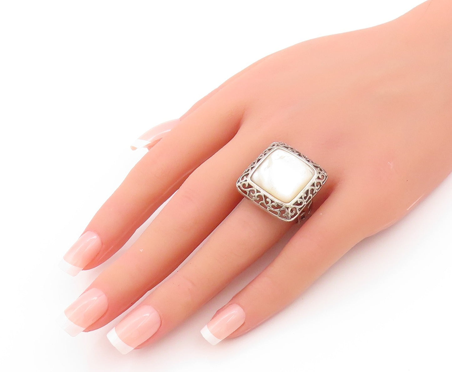 925 Sterling Silver Vintage Ring Amorphas Square Mother Of Pearls  Sz 7  RG32795