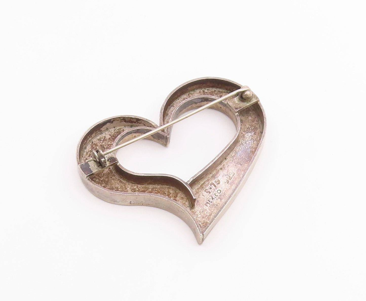 MEXICO 925 Sterling Silver  Vintage Smooth Open Love Heart Brooch Pin  BP6596