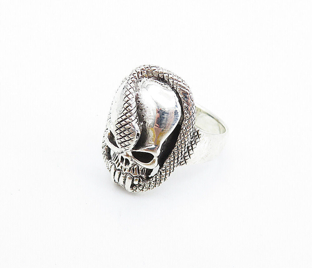 925 Sterling Silver  Vintage Snake & Skull Head Shiny Band Ring Sz 10.5 RG7446