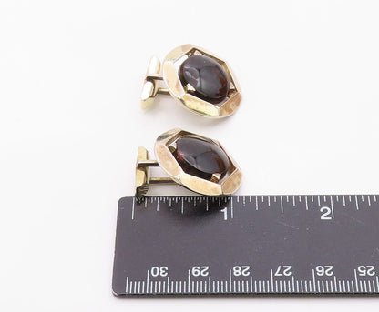 925 Sterling Silver  Vintage Brown Agate Shiny Hexagon Cuff Links  TR1827