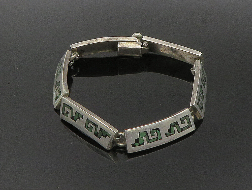 MEXICO 925 Sterling Silver  Vintage Jasper Mosaic Bar Chain Bracelet  BT1377