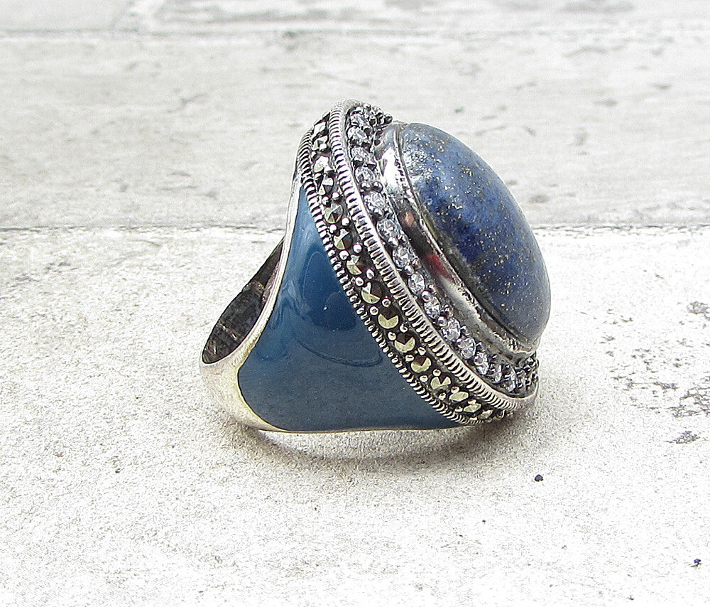 925 Sterling Silver Lapis Lazuli Topaz& Marcasite Cocktail Ring Sz 6.5 RG1656