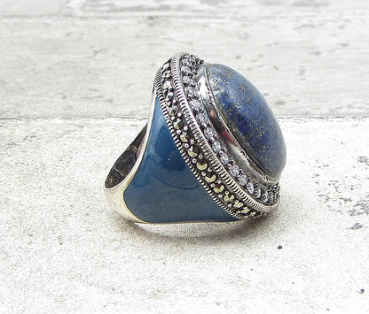 925 Sterling Silver Lapis Lazuli Topaz& Marcasite Cocktail Ring Sz 6.5 RG1656