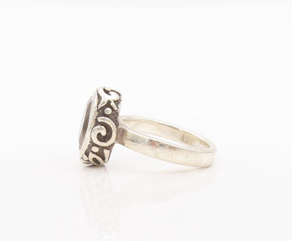925 Sterling Silver Vintage Ring Swirly Carved Inlay Smokey Quartz Sz 6  RG27858