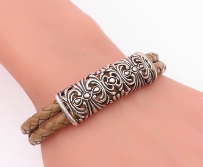 ESPO SIG 925 Silver  Vintage Brass Scroll Detail Leather Cuff Bracelet  BT9391