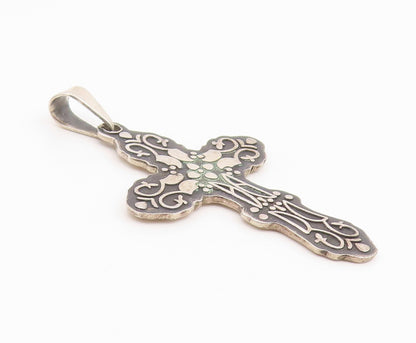 925 Sterling Silver Vintage Pendant MEXICO Engraved Religious Cross  PT25948