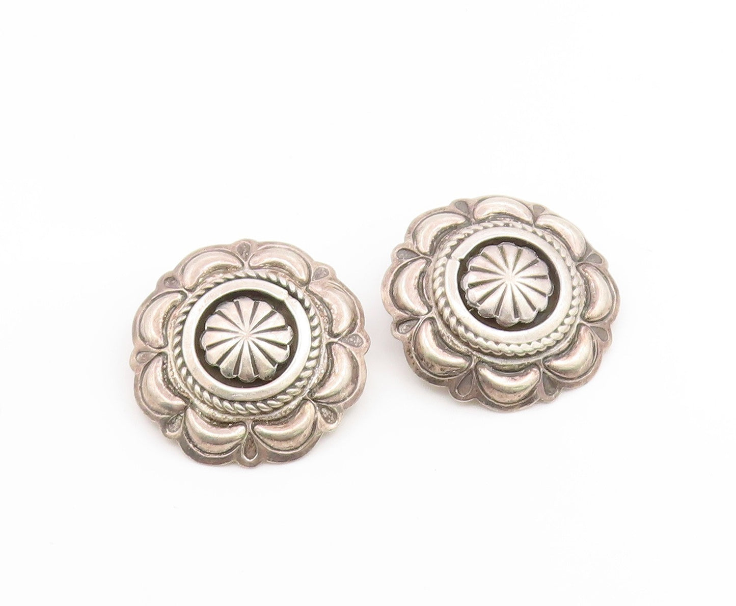 925 Sterling Silver Vintage Earrings NAVAJO SUZIE JAMES Concho Clip On  EG14180