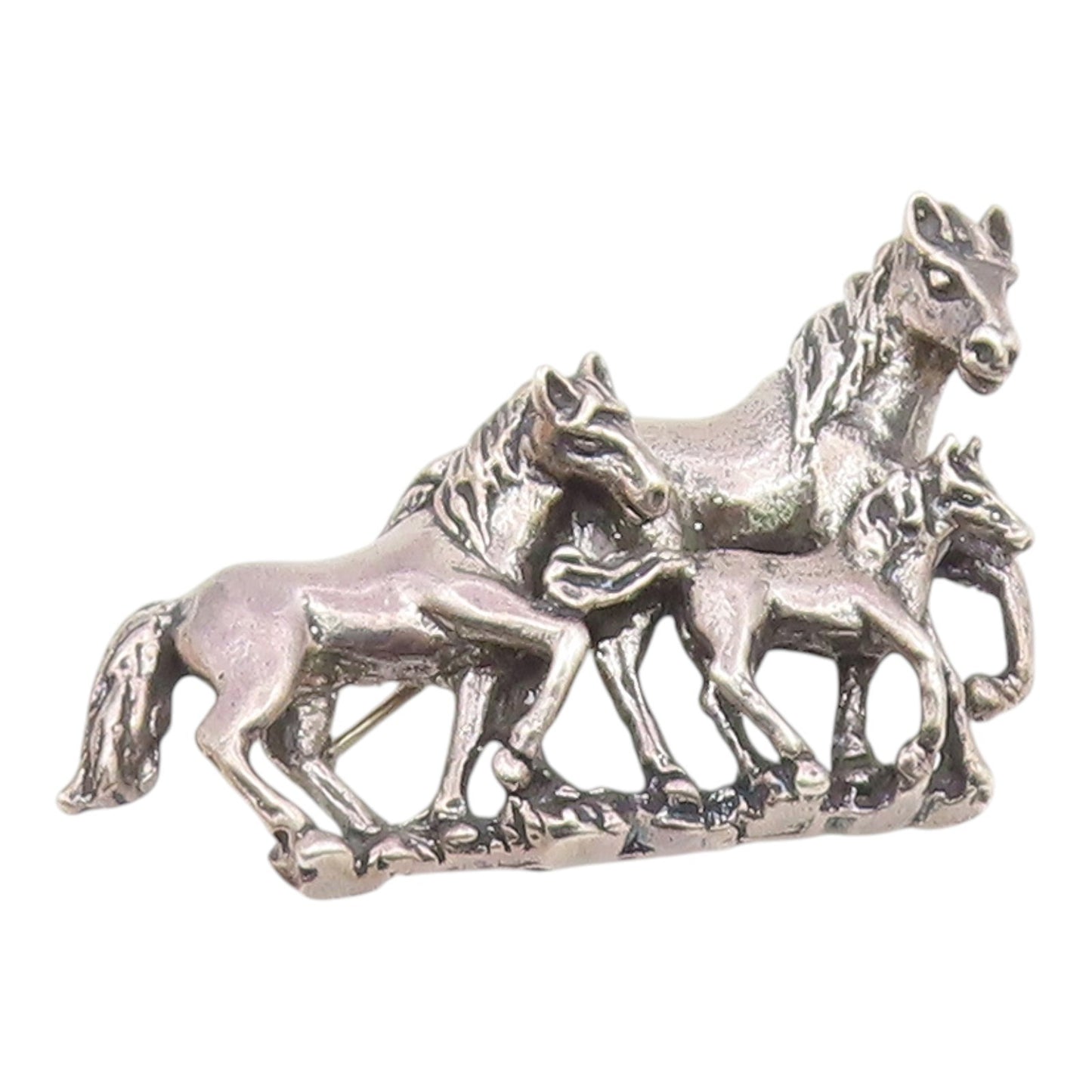 OTT 925 Silver  Vintage Shiny Dark Tone Horse Family Heavy Brooch Pin  BP8163