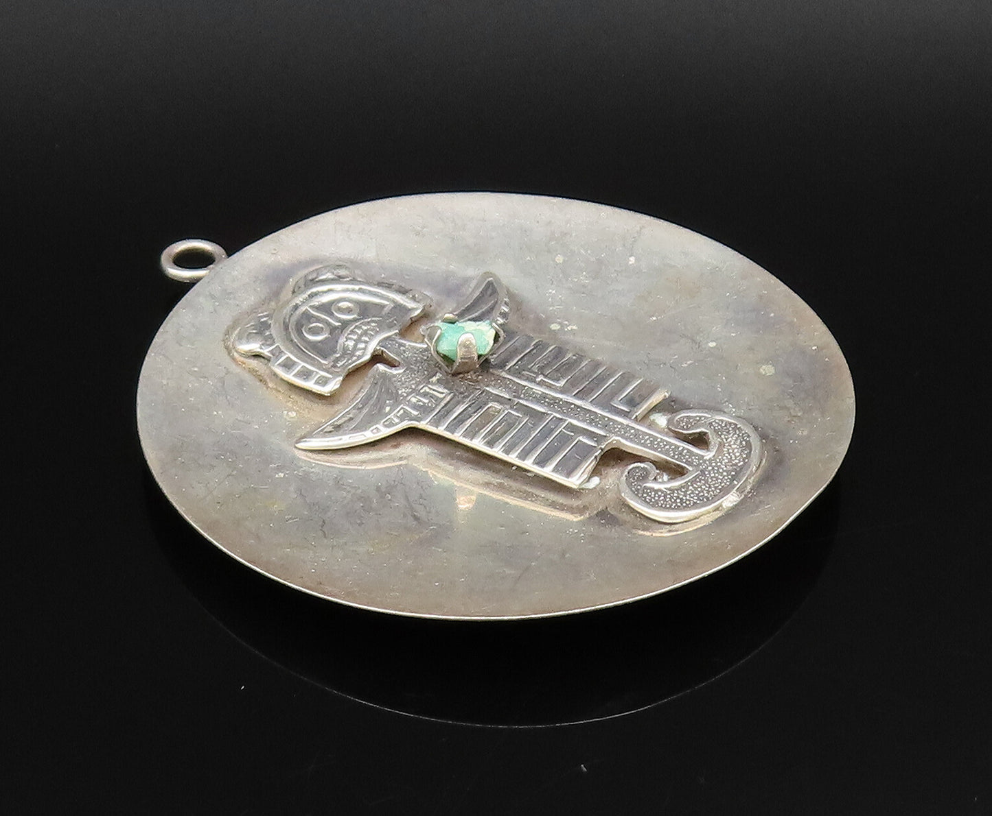 925 Silver  Vintage Carved Figure With Tumbled Jade Disc Pendant  PT21817