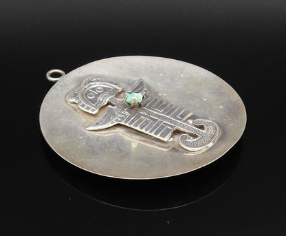 925 Silver  Vintage Carved Figure With Tumbled Jade Disc Pendant  PT21817