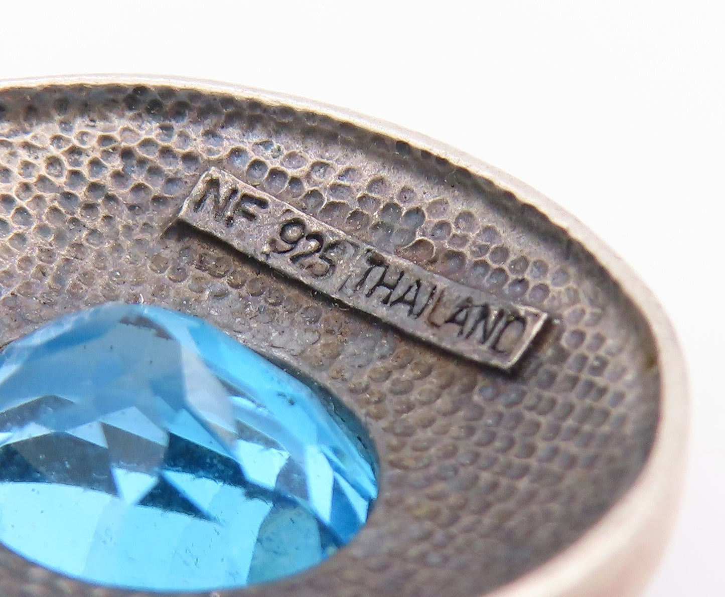 925 Sterling Silver Vintage Pendant Blue Oval Cut Topaz Swirly Carved  PT24413
