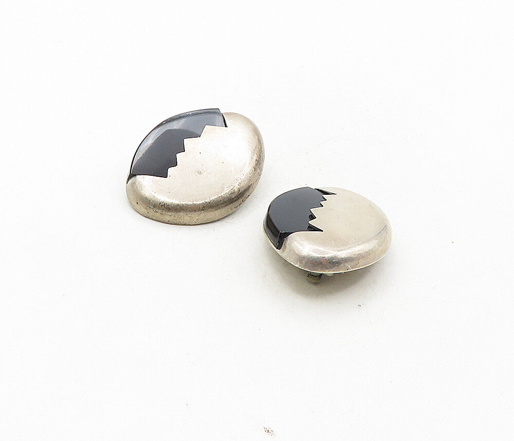 MEXICO 925 Silver  Vintage Black Onyx Cracked Egg Non Pierce Earrings  EG4861