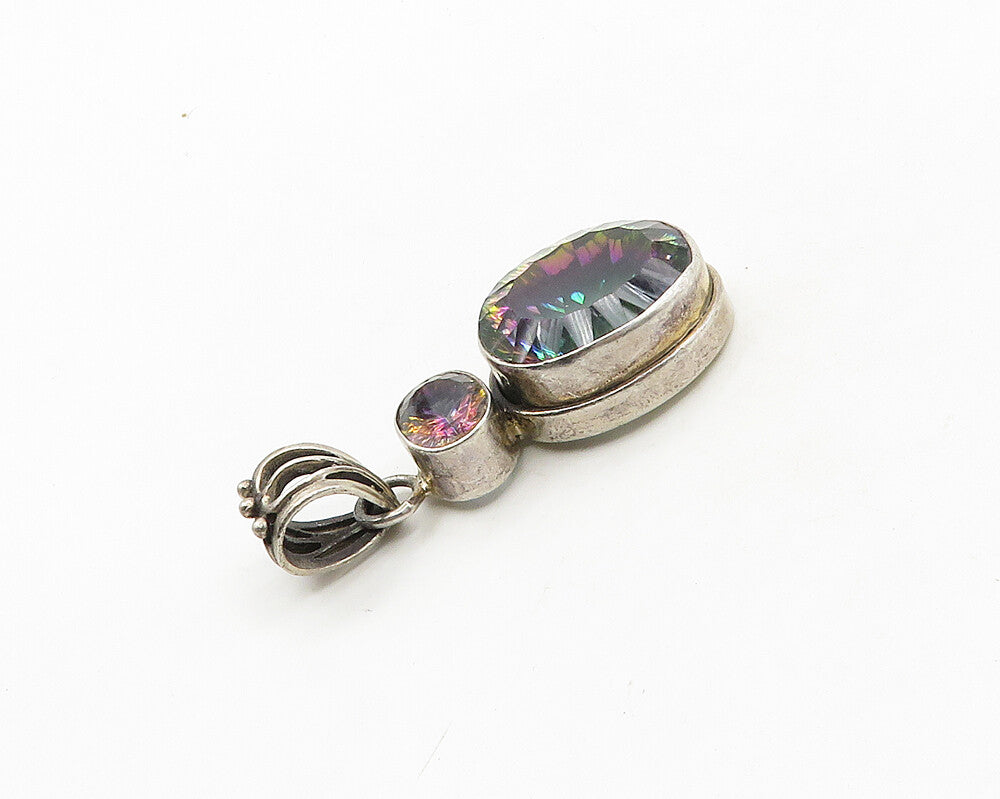 925 Sterling Silver Vintage Faceted Mystic Topaz Two Stone Pendant PT15585