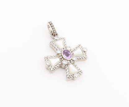 925 Sterling Silver Vintage Pendant JUDITH RIPKA Multi Gemstone Cross  PT26432