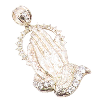925 Silver  Vintage Cubic Zirconia Religious Prayer Hands Pendant  PT21018