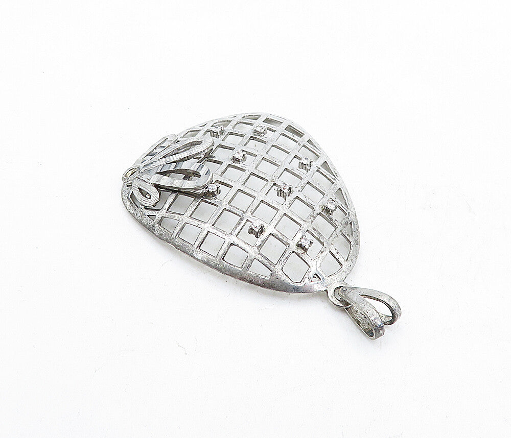925 Sterling Silver  Vintage Topaz Floral Grid Designed Drop Pendant  PT3899