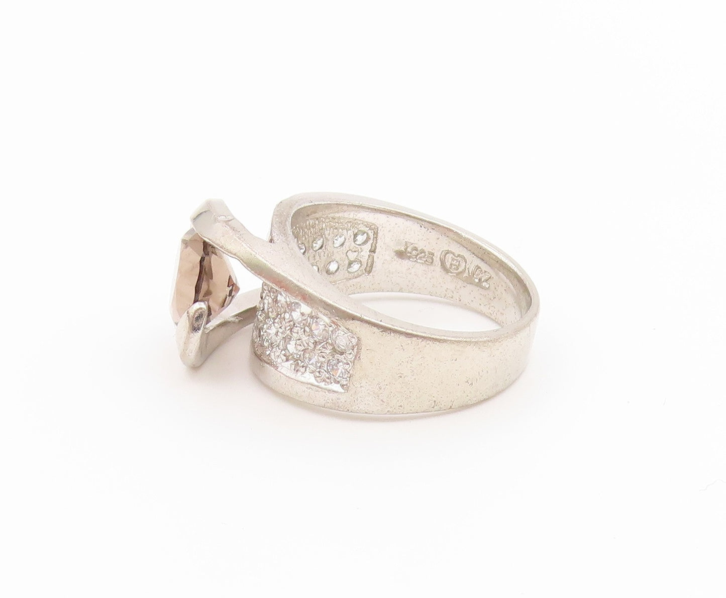 925 Sterling Silver Vintage Ring Classic Smoky Quartz & CZ Band  Sz 6  RG36913
