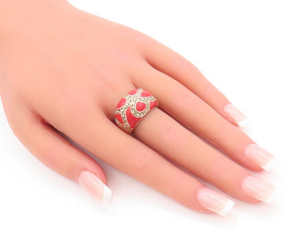 925 Sterling Silver Vintage Ring Gold Plated Enameled Dot Carved  Sz 7.5 RG28369