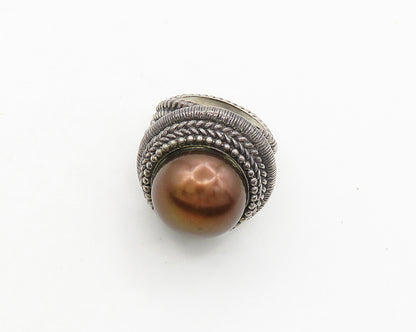 925 Sterling Silver  Vintage Golden Pearl Dome Cocktail Ring Sz 6.5  RG19768