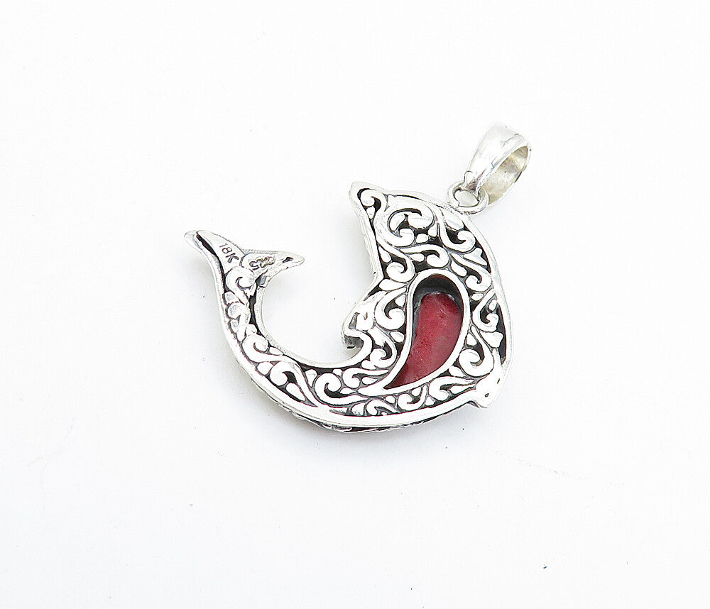 925 Sterling Silver & 18K GOLD  Red Coral Shiny Dolphin Motif Pendant  PT5840